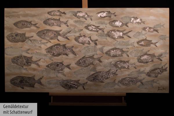 Acrylbild Handgemalt Fische Yi Beige - Grau - Baumwollstoff - 120 x 60 x 4 cm