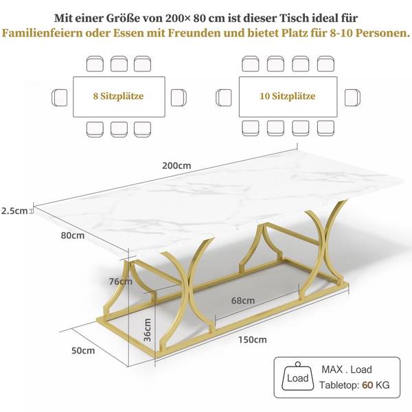 Table à manger MARBWoody Blanc - Bois manufacturé - 80 x 76 x 200 cm