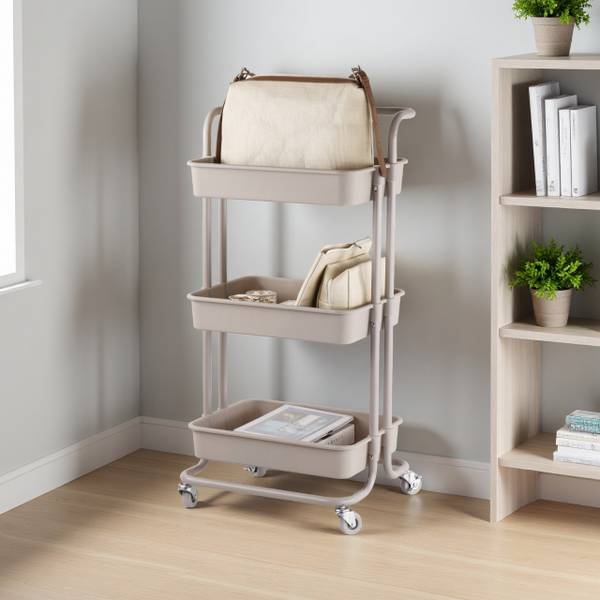 Rolwagen 3 planken beige - grijs - wit - vilt - staal - 43 x 86 x 36 cm