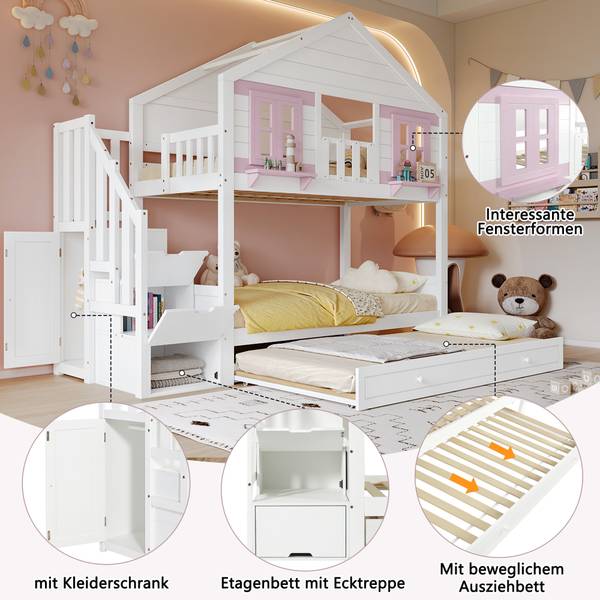 Etagenbett Ava Pink - Weiß - Kiefer - 96 x 211 x 253 cm