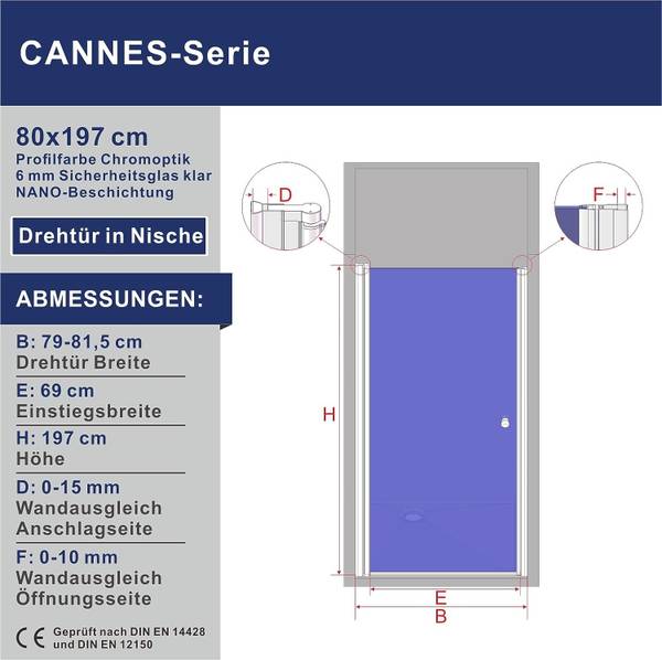 ALCOVA Nischentür 90 X 195 Cm – 8 Mm ESG-Sicherheitsglas, Eloxiertes Aluminium, Rahmenlos