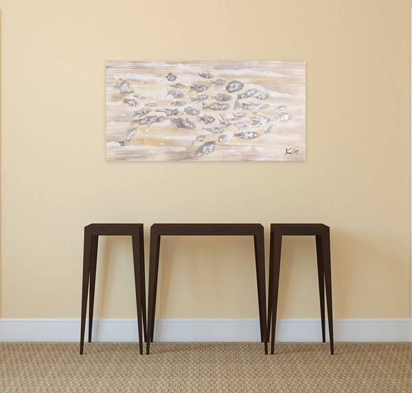 Acrylbild Handgemalt Fische Qo Beige - Baumwollstoff - 100 x 50 x 4 cm