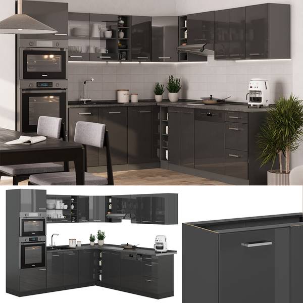 Vicco Cuisine R-Line, Anthracite Maison de Campagne/Blanc, 200cm sans PT