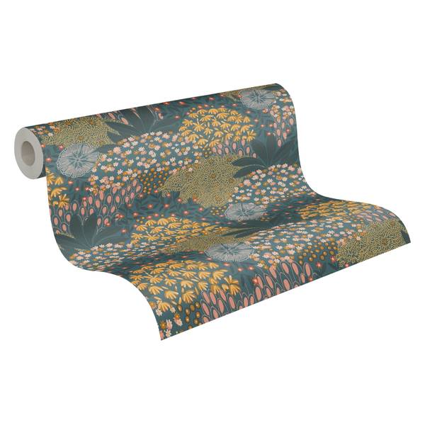 Vliestapete Floral Bunt Blau Gelb Grau - Pink - Türkis - Gelb - Fleece - 53 x 1005 x 1 cm