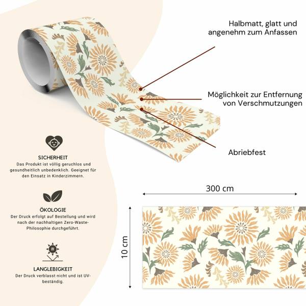 Tapetenbordüre BLUMEN Blätter Retro Stil Beige - Grün - Fleece - 10 x 300 x 300 cm