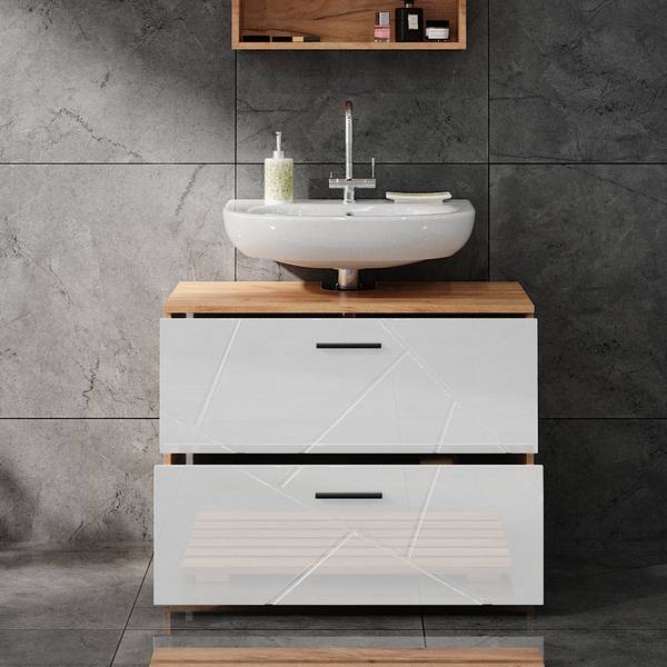 Waschbeckenunterschrank Irma 40513 Hochglanz Weiß - Eiche Dekor