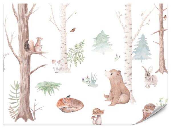 Fototapete Wald Tiere Aquarell Bäume 200 x 140 x 140 cm
