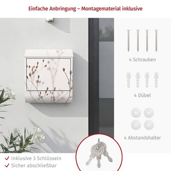 Briefkasten Knospen Wildblumenzweig II Beige - Stahl - 39 x 46 x 13 cm