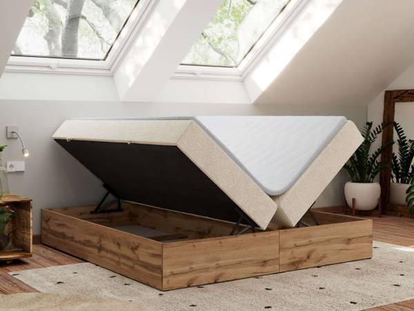 Boxspringbett WOOD ZERO Creme - Cremeweiß - H3 - Strukturstoff - Polyester - Webstoff - Liegefläche Breite: 140 cm