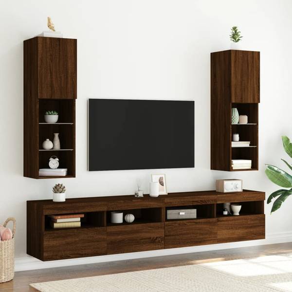 TV-Schrank mit LED-Leuchten D215 Eiche Schwarzbraun Dekor