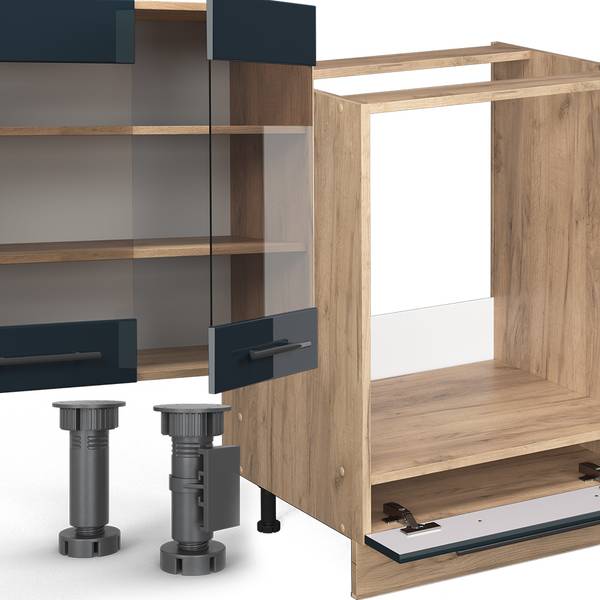 Complete keukeneenheid Fame-Line 49776 hoogglans nachtblauw - zandkleurige eikenhouten look