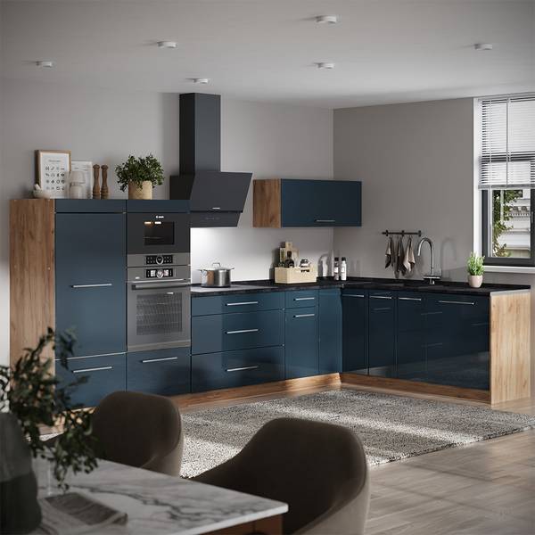 Eckküche Fame-Line 65715 Blau - Braun - Stahl - 347 x 154 x 60 cm