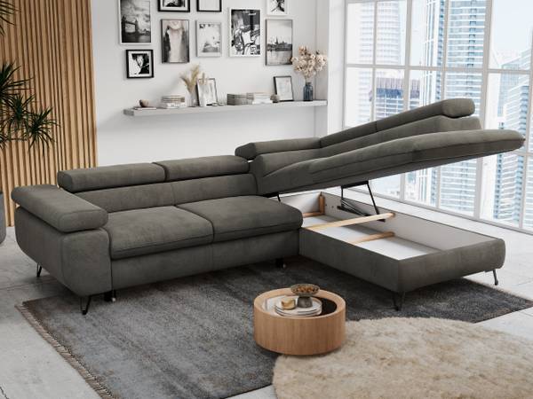 Ecksofa PETER L Grau - Ecke davorstehend rechts - Ottomane davorstehend rechts - Schlaffunktion davorstehend rechts