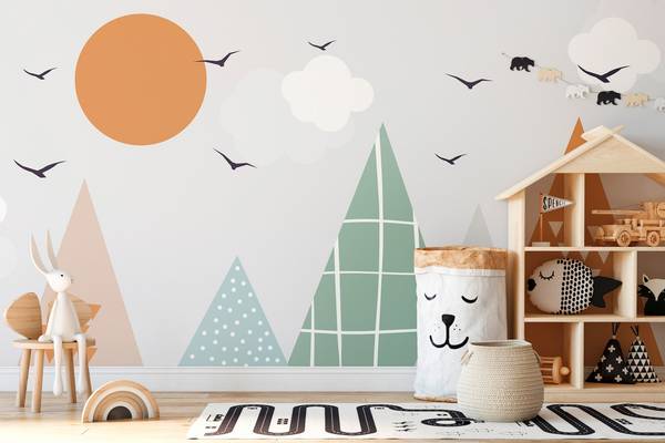 Fototapete 694 Mountains modern Design Beige - Blau - Grün - Orange - Fleece - 375 x 250 x 1 cm