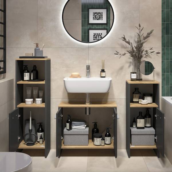 Badkamermeubelset Karli 55499 set van 3 antracietkleurig - eikenhouten look