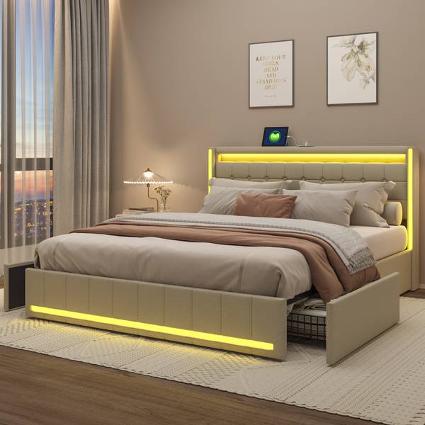 Polsterbett HYF-JY01 Beige - Metall - Massivholz - 188 x 100 x 213 cm