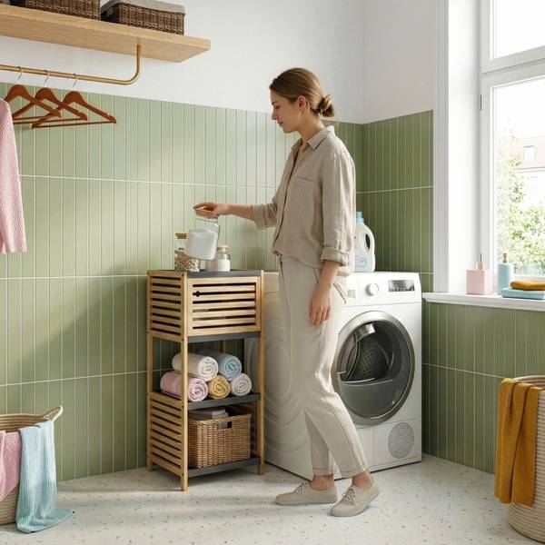 Badregal Kydesby Beige - Grau - Bambus - Holzwerkstoff - 39 x 83 x 30 cm