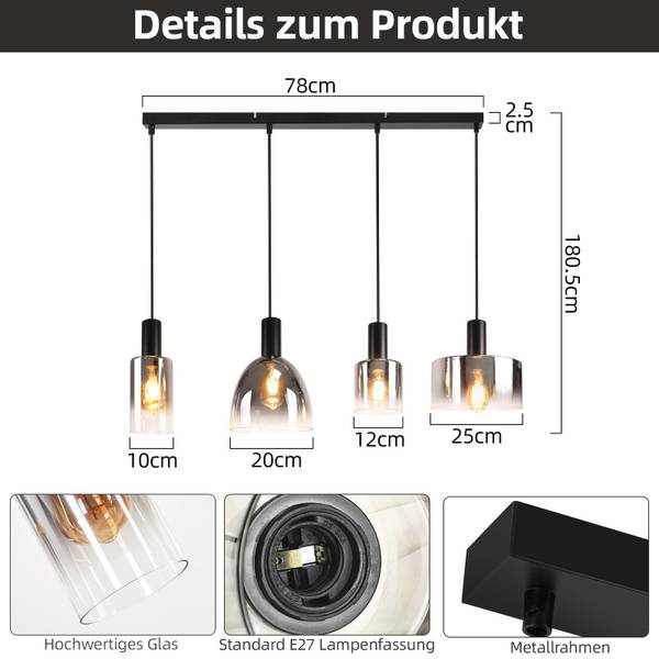 Pendelleuchte Marsiglio 4-flammig Schwarz - Metall - 5 x 181 x 78 cm