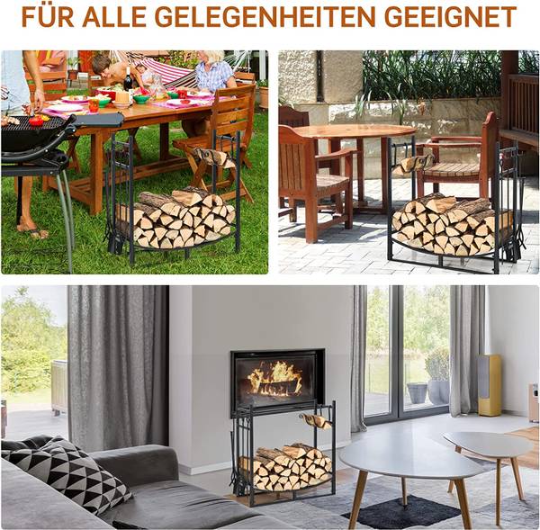 Kaminholzregal mit Kaminbesteck Set Schwarz - Metall - 33 x 76 x 76 cm