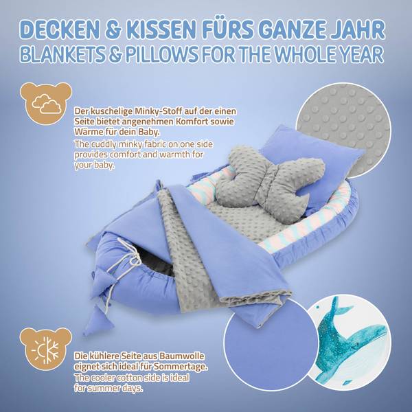 Babynestchen-Set 5-tlg. Blau - Samt - 50 x 10 x 90 cm
