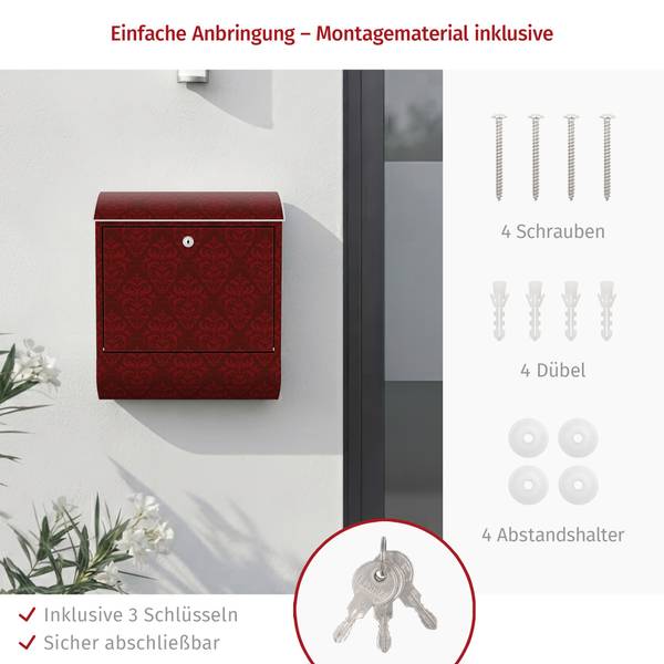 Briefkasten Französischer Barock Rot - Stahl - 39 x 46 x 13 cm