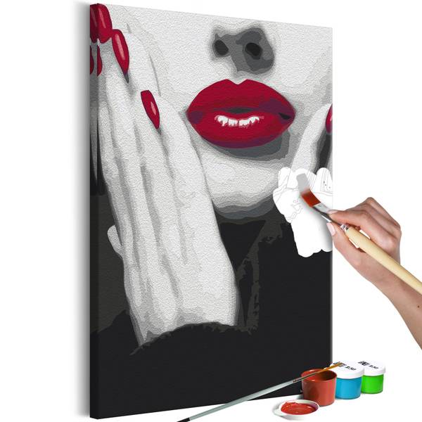 Wandbild Malen nach Zahlen Frau Uv Schwarz - Rot - Weiß - Baumwollstoff - 40 x 60 x 2 cm