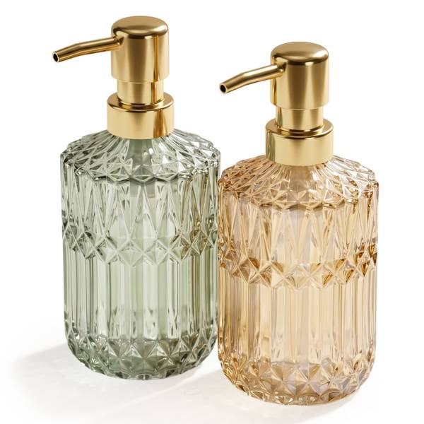 Seifenspender 2er Set 400 ml Gold - Grün - Weiß - Glas - Metall - 8 x 18 x 8 cm