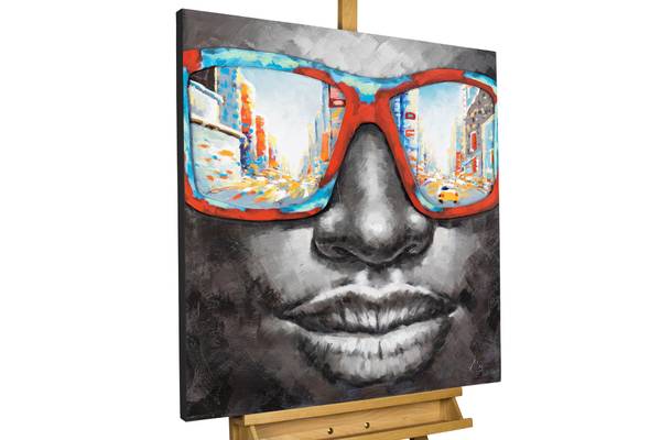 Acrylbild Handgemalt Gesicht Zil Grau - Baumwollstoff - 80 x 80 x 4 cm