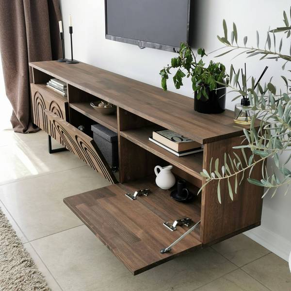 Meuble TV Barbania Marron - Bois massif - 170 x 40 x 30 cm