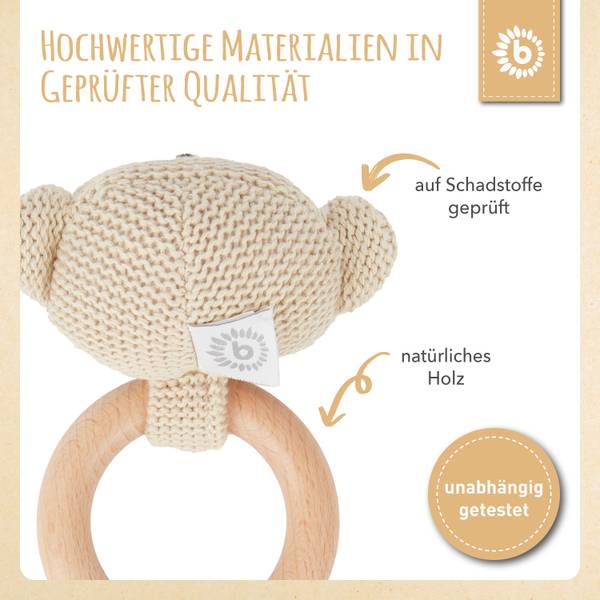 Greifling Holz Natur Gehäkelt Rassel Bär Beige - Textil - 8 x 4 x 14 cm
