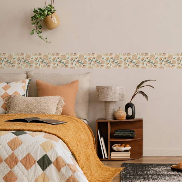 Tapetenbordüre BLUMEN Blätter Retro Stil Beige - Grün - Fleece - 10 x 300 x 300 cm