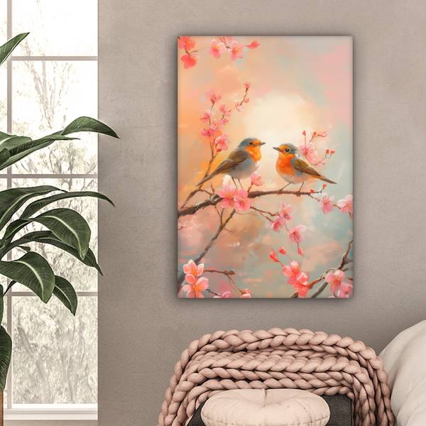 LEINWANDBILD Rotkehlchen Pink - Baumwollstoff - 60 x 90 x 2 cm