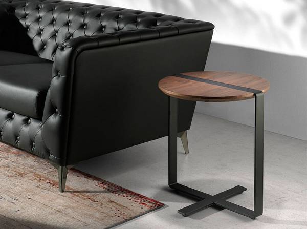 Table d'angle ronde noyer et acier noir Marron - Acier - Zinc - 50 x 52 x 50 cm