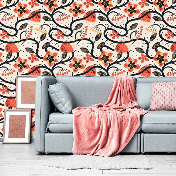 Tapete BLUMEN Blätter Früchte Pflanzen Beige - Schwarz - Orange - Fleece - 53 x 1000 x 1000 cm
