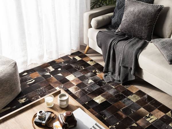 Tapis patchwork BANDIRMA Marron - Doré - Cuir véritable - 160 x 160 x 160 cm