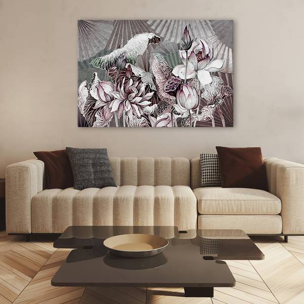 Tableau déco lotus sacré et éventails 100 x 70 cm