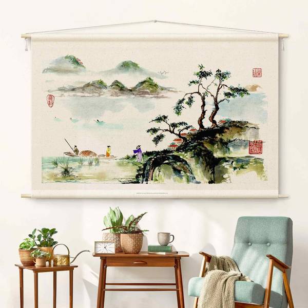 Wandteppich Zeichnung See und Berge 90 x 60 cm