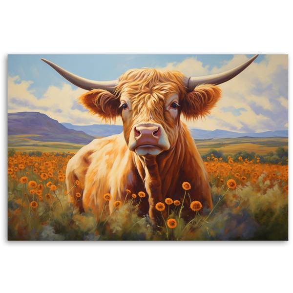 Wandbild schottische kuh auf einer wiese 90 x 60 cm
