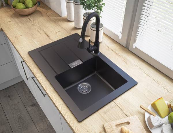 Spülbecken Sid611-78 mit Batterie Schwarz - Keramik - 78 x 50 x 20 cm