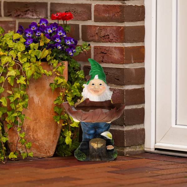 Gartenzwerg mit Vogeltränke Braun - Grün - Gelb - Polyresin - 22 x 36 x 22 cm