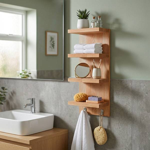 Wandregal Bad mit 4 Ablagen & 2 Haken Braun - Stahl - 28 x 60 x 16 cm