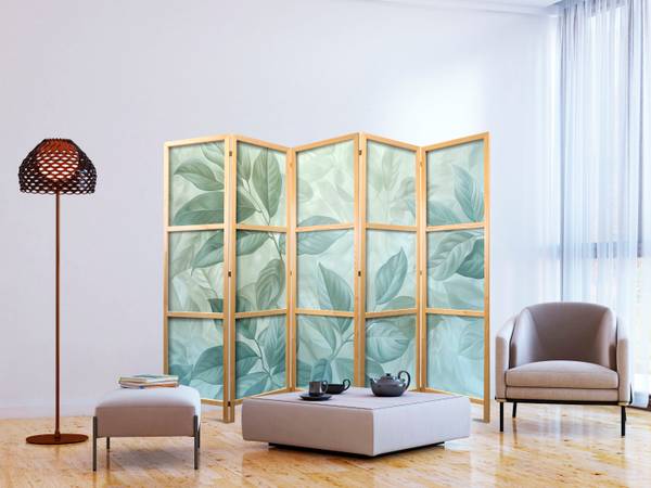 Paravent Natur Blätter 5-tlg Blau - Grau - Grün - Weiß - Holzwerkstoff - Textil - 225 x 172 x 3 cm