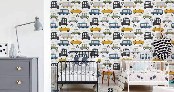 Kinderbehang AUTO'S Verkeersborden blauw - grijs - groen - wit - vlies - 53 x 1000 x 1000 cm