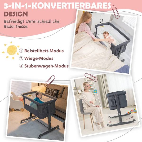 3 in 1 Beistellbett Grau - Metall - 63 x 81 x 86 cm