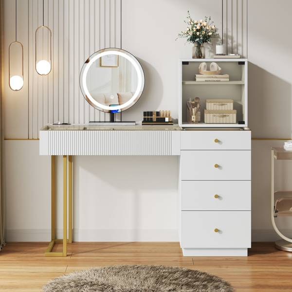 Kaptafel met spiegel GlassGLOW wit - plaatmateriaal op houtbasis - 40 x 120 x 120 cm