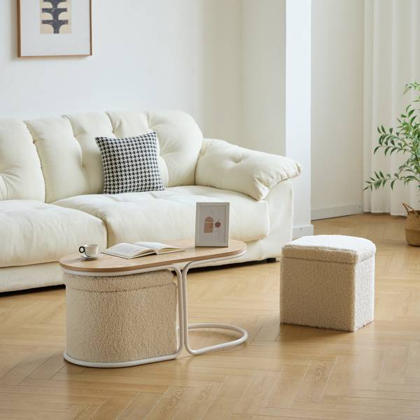 Couchtisch mit Hocker SENJA 3er Set Weiß - Holz teilmassiv - 90 x 44 x 42 cm