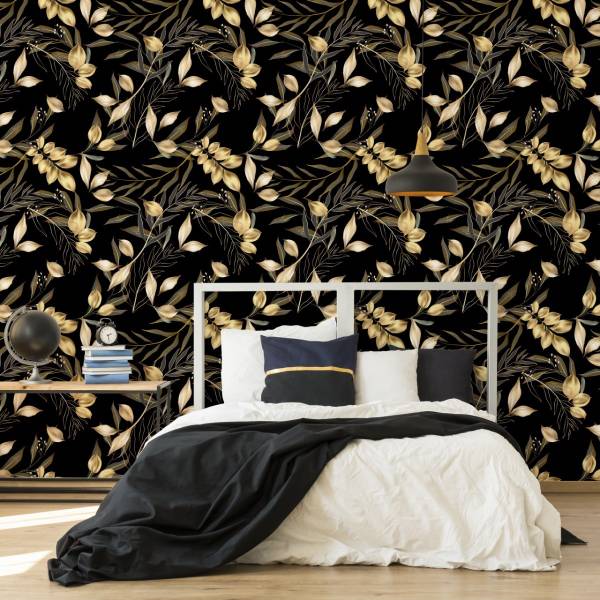 Papier Peint feuilles tropicales nature Beige - Noir - Marron - Gris - Blanc - Papier - 53 x 1000 x 1000 cm