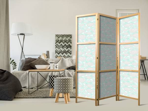 Paravent Skizzieren Fisch 3-tlg Grau - Grün - Weiß - Holzwerkstoff - Textil - 135 x 172 x 3 cm