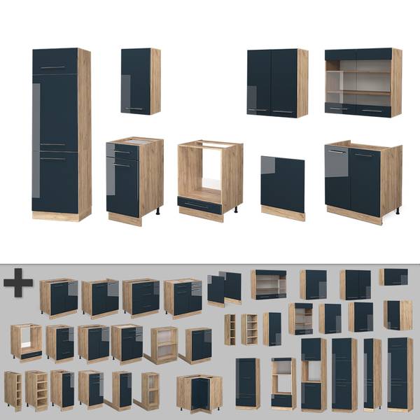 Complete keukeneenheid Fame-Line 49776 hoogglans nachtblauw - zandkleurige eikenhouten look
