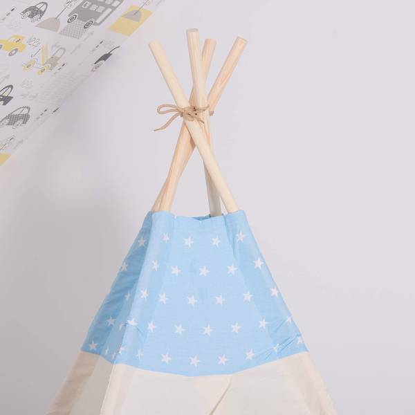 Kinderzelt Kinder Tipi 160x120x100cm Blau - Weiß - Naturfaser - Massivholz - 120 x 160 x 100 cm